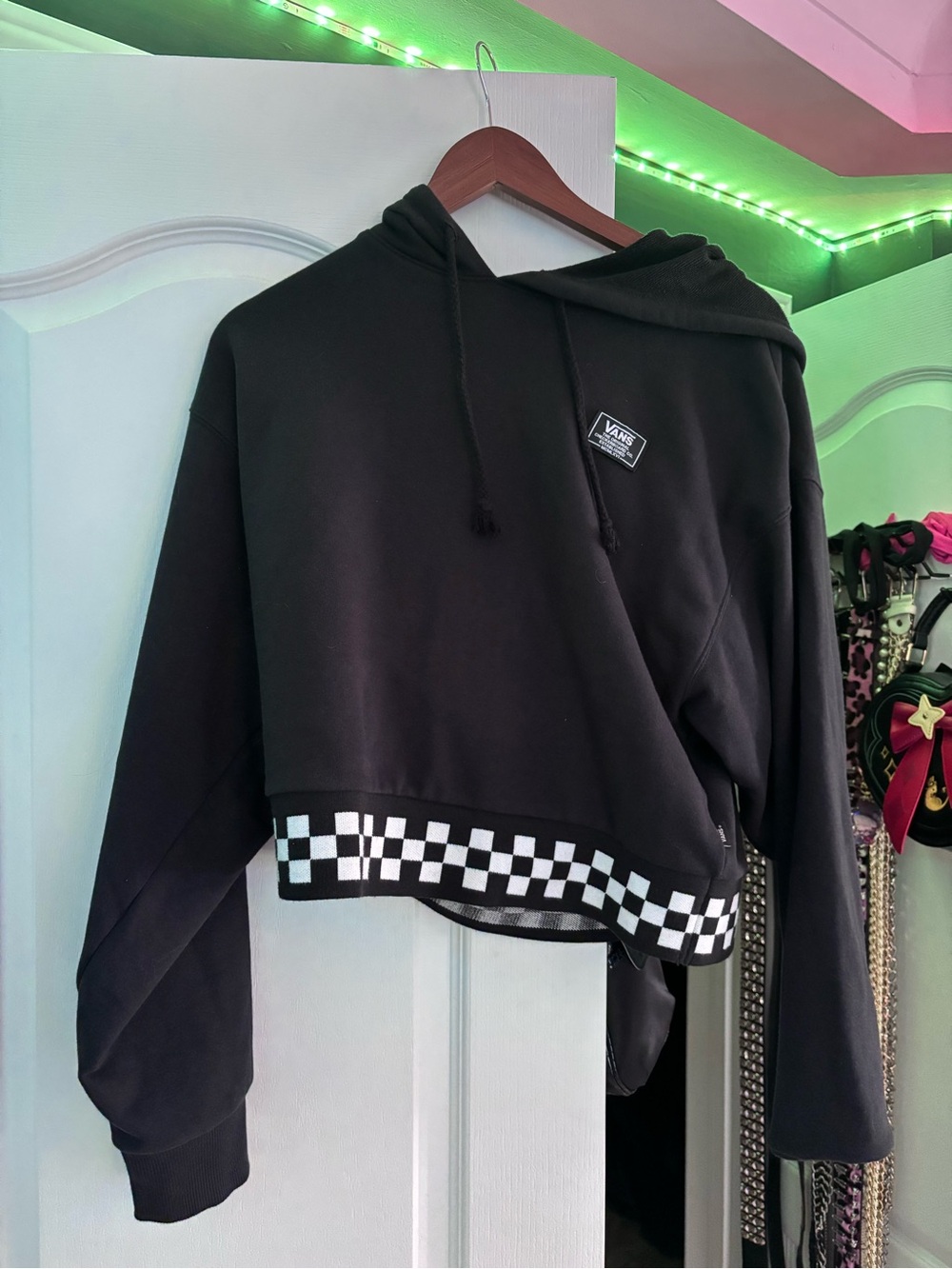 Vans Black Cropped Hoodie with Checkerboard Hem